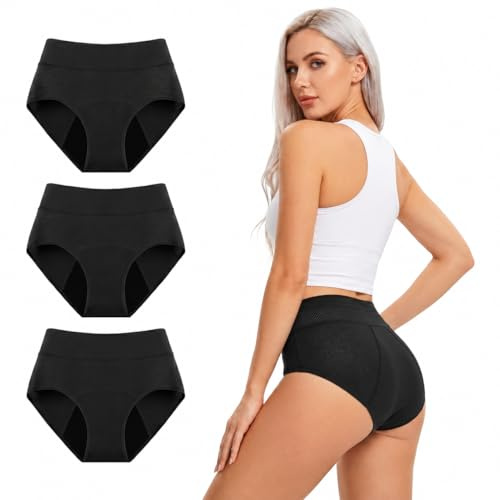 Fjquamitix Period Pants for Women Heavy Flow, High Waist Leakproof Period Underwear for Women, Mesh Breathable Period Knickers Briefs Pack of 3