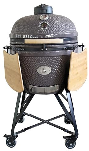YNNI KAMADO TQ0C25GY - Parrilla a medida XL de 63,5 cm con carrito y mesas de bambú, color gris con alimentador de virutas, barbacoa, cerámica, huevo, ahumador, TQ0C25GY
