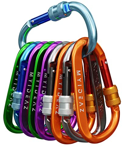 MyIdeaz Karabiner mit gefederter Verschluss, 10er Set, 80mm große Karabinerhaken aus hochwertigem Premium Alu für Camping, Wandern (10 B,G,O,P,G,B,G,O,P,G)