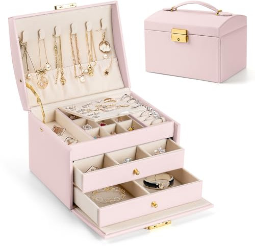 Aidodo Scatola Portagioie Donna, 3 Ripiani in Pelle PU, Creativo per Orecchini, Anello, Collana, con Serratura e Chiave (17x14x13cm, Rosa Nude)