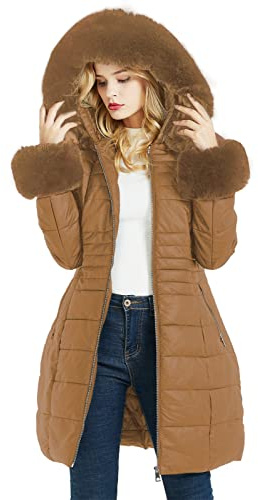Geschallino Piumino Lungo da Donna Cappotto Parka con Inverno Imbottitura Bolle con Collo in Pelliccia Sintetica Rimovibile SS804 Marrone XL