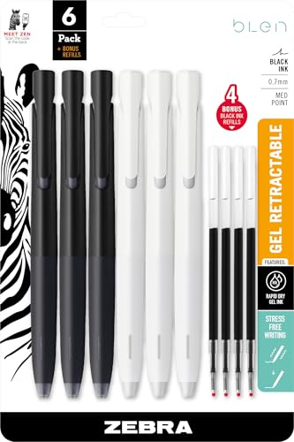 Zebra Pen bLen Gel Pens 0.7mm Medium Point Black Ink 6-Pack With 4 Refills, Smooth Fast-Drying Ink, Vibration-Free Writing Experience, Rubber Grip, Low-Profile Clip (41416)