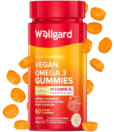 Wellgard Vegan Omega 3 Gummies by Wellgard - Chewable Algae-Derived DHA & ALA, Omega 3 Supplements, Allergen-Free, Natural Flavour, Formulated in UK