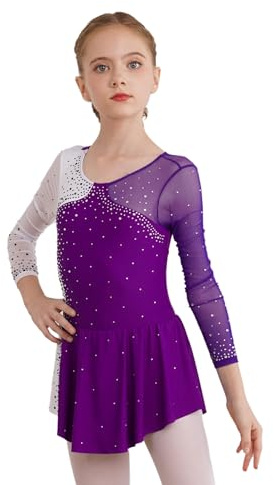 YiZYiF Vestito Danza Classica Bambina Maniche Lunghe Vestito Pattinaggio Artistico Strass Lucido Abito da Ballo Ballerina Balletto Dancewear Viola 7-8 Anni