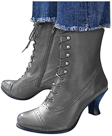 Bottines à talons pour femme - Style victorien - Style gothique - Lacets en cuir - Style rétro - Pour mariage, fête de la bière, gris, 42 EU
