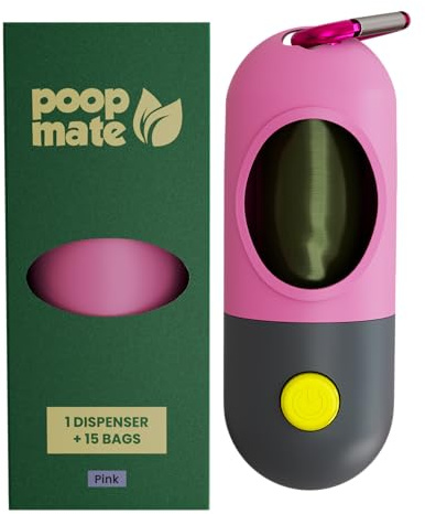 Poop Mate Dog Poop Bag Dispenser with LED Flashlight for Night Walks – Leash Clip & Metal Carabiner – Pet Waste Bag Holder Includes 1 Roll (15 Dog Poop Bags) – Durable, Portable – Pink
