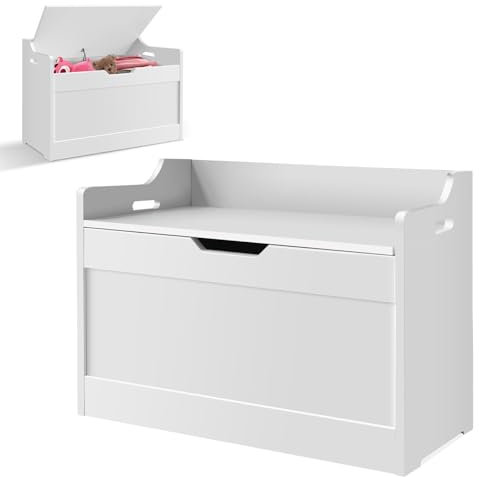 Toy Storage Box with Lid, Wooden White Toy Chest Lightweight Space Saving Organiser with Soft Close Hinge, Dual Side Handles Easy to Move, for Kid’s Room, Bedroom, Entryway, 62 x 40 x 46cm