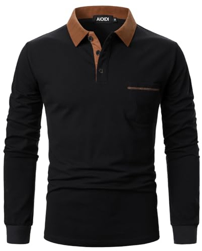 AIOIDI Polo Shirts for Men Adults Long Sleeves Cotton Tops Golf T-Shirts with Real Pocket Black M