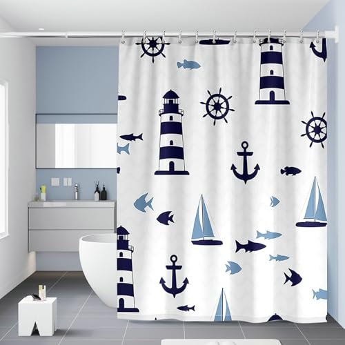 BCughia Duschvorhang 240x200 Antischimmel, Duschvorhang Nordsee Fische Leuchtturm Segelboot Anker Ruder Waschbar Polyester Shower Curtain für Badzimmer mit 12 Duschvorhangringen