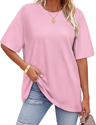 florynova Womens Tops Summer Oversized Tshirt Crewneck Short Sleeve Casual Blouse（Pure Pink，L
