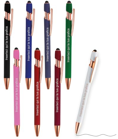 Penna incisa a sfera personalizzabile con incisione di nome o testo, ideale per regali di laurea, compleanni o eventi aziendali. Penna touch con stilo, inchiostro nero. Vari colori disponibili (20)