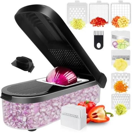 Krossare, grönsaksskärare, grönsaksstrimlare med behållare, lökhackare rostfritt stål, köksartefakt-livsmedelstrimlare, halkfri bas, multifunktionell för morötter, rödbetor,
