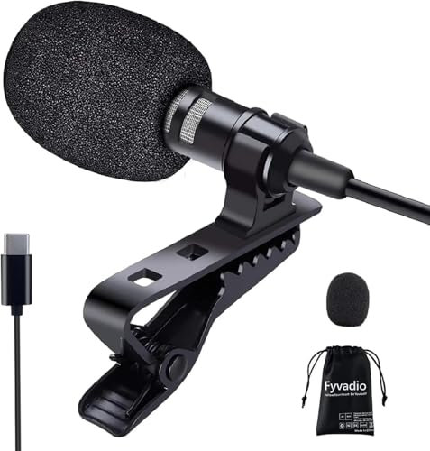 Fyvadio Microphone USB C, micro Lavalier, micro externe à clip pour enregistrement vidéo, entretien YouTube Vlog ASMR sur iPhone, iPad et appareil Android (2 m)