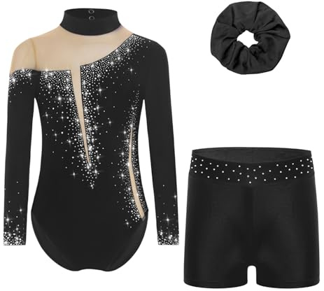 RUNQHUI Enfant Fille Justaucorps de Gymnastique Short Strass Brillant Ensemble Tenue Patinage Artistique Danse Spectacle