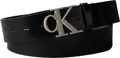 Calvin Klein Uomo Cintura Monogram Buckle 3,5 cm con Fibbia con Monogramma, Nero (Black/Antique Silver), 110 cm