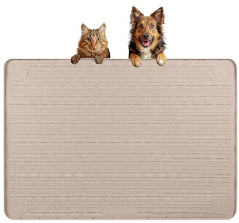 Bartuke Hundefuttermatte, 86x56cm große Silikon-Futtermatte mit erhöhtem Rand, Platzdeckchen für kleine und mittlere Haustiere, rutschfest, leicht zu reinigen (Khaki)