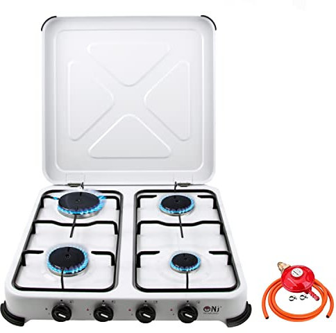 NJ-04 Camping Gas Stove - Portable 4 Burner Gas Cooker LPG Hob with Lid for Outdoor Garden Caravan 5.45 kW (Propane 37mbar Screw-on)
