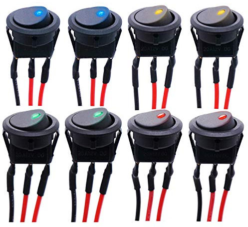 RUNCCI-YUN 8PCS Wippschalter 12V Rund Kippschalter KFZ Schalter 12V beleuchtet, DC 12V 20A LED Auto Wippschalter KFZ Ein Aus Schalter 3 Polig mit 4 LED Farbe (mit Draht)