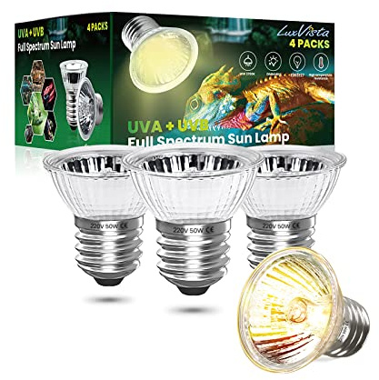 Luxvista E27 50W Reptile Heating Light Bulb, UVA UVB Light Bulb Full Spectrum Sun Lamp, Tortoise Heat Lamp Bulb Dimmable Basking Bulbs for Lizard Tortoise Spider Snake Bearded Dragon Chameleon, 4 Pack