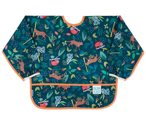 Bumkins Sleeved Bib for Girl or Boy, Baby and Toddler for 6-24 Mos, Essential Must Have for Eating, Feeding, Baby Led Weaning Supplies, Long Sleeve Mess Saving Food Catcher, Soft Fabric, Jungle