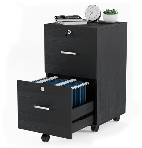 VINGLI 2-Drawer File Cabinet with Lock, Small Rolling Wood Filing Cabinet for Hanging Letter Size Filings with Tabs, Mobile Under Desk File Organizer for Home Office, Classic Black, 27.2 H