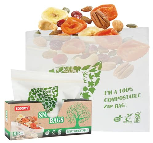 Lot de 50 sacs à goûter 100 % compostables à fermeture éclair | Sacs de conservation alimentaires respectueux de l'environnement | Sac de congélation | À base de plantes sans BPA | Se ferme bien pour