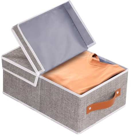 YheenLf 1-Pack Storage Boxes, Decorative Fabric Organizer Container Baskets with Handles for Shelves, Collapsible Clothes Cubes with Detachable Lid, Gray, 33×23×14 cm