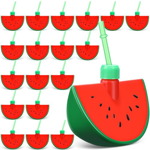 Nuogo 20 Pieces Watermelon Cup with Straws and Lids 13. 5oz Plastic Watermelon Shape Drink Cups Reusable Fruit Party Sippy Cups Bulk for Aldult Summer Hawaiian Beach Birthday Party Supplies