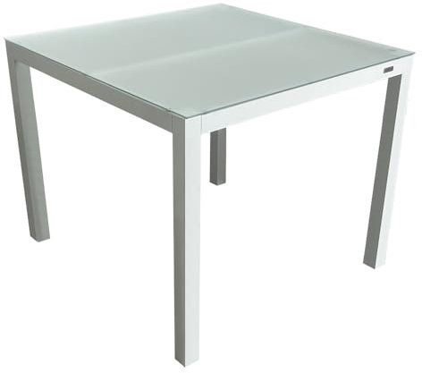MOMMA HOME Gartentisch aus Aluminium und gehärtetem Glas, quadratisch, für den Außenbereich, Maße: 90 x 90 x 74 cm, Weiß