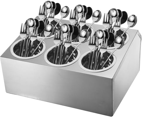 sourcing map Commercial Utensil Holder, Stainless Steel Kitchen Utensil Holder Cylinder Flatware Caddy Drying Rack Countertop Silverware Organizer for Restaurants Buffets (Double Row 6 Holes)