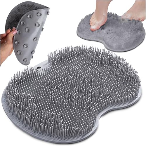 TULMERO Esponja de silicona gris para ducha, alfombrilla lavapies limpiadora con ventosas, cepillo corporal antideslizante para pies y espalda, Limpia, Exfolia y Masajea