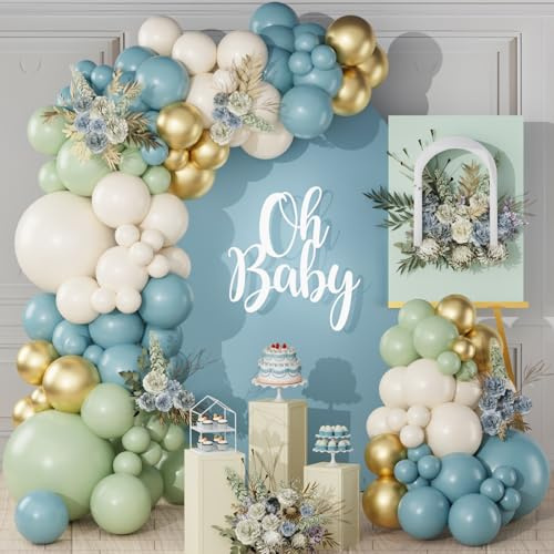 Kit de Arco de Globos Verde Azul, 119pcs Guirnalda de Globos Azul Verde Salvia con Globos Oro Blanco Arena, Decoración Baby Shower Verde Azul Polvoriento Dorado Beige para Cumpleaños Bodas Bautizo