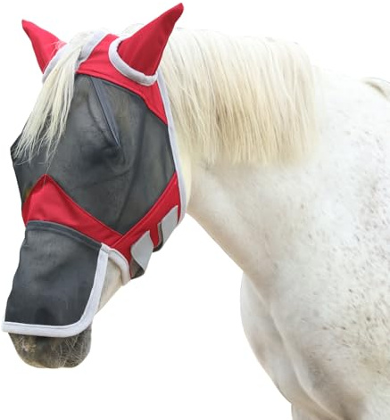 Gallopoff Fine Mesh Horse Fly Mask with Ears and Nose - UV Protection & Adjustable Fit Equine Fly Masks Summer Red Cob