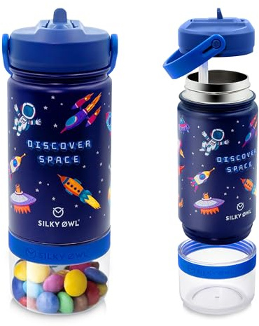 SILKY OWL Trinkflasche Kinder Edelstahl 350ml mit Strohhalm und Behälter 120ml - Kinder Thermosflasche auslaufsicher - BPA-frei - Thermoskanne Jungen, Mädchen für Kindergarten, Schule (Space)