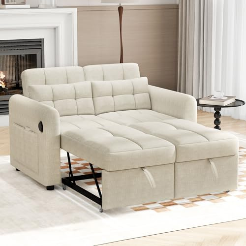 Merax Schlafsofa 2-Sitzer Sofa mit Schlaffunktion, Klappbares 3-in-1 Schlafcouch mit Verstellbarer Rückenlehne, USB-Anschlüssen und Armlehnentaschen, Beige 142 x 85 x 83 cm