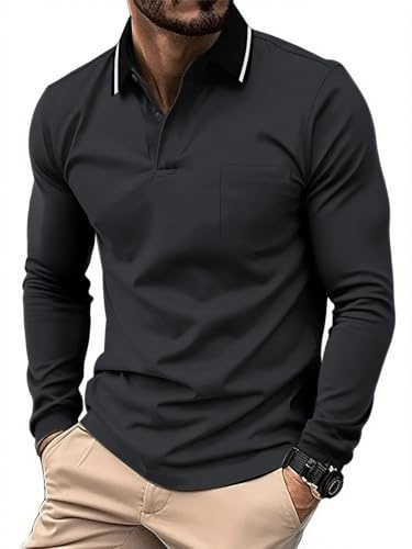 JACKETOWN Polo para Hombre Polo Manga Larga Camiseta de Golf Trabajo Transpirable T Shirt con Bolsillo Primavera Otoño Camisetas de Senderismo Pesca,Gris Oscuro,M