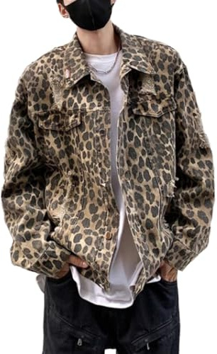 Mens Teen Vintage Camouflage Leopard Print Denim Jacket Party Clubwear Casual Loose Lapel Long Sleeve Denim Jacket Coat