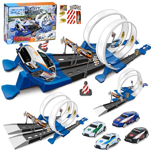 PATEMZON Piste de Course 3 en1, 40+ Pièces Piste Voiture avec Conception À 4 Vitesses, Jouet Circuit Voiture pour Enfants avec Boucle et U-Track, Kit de Circuit Petites Voitures pour Enfants 3+Ans (A)