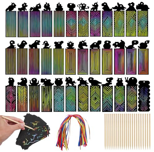 Marque-Pages à Gratter, 48Pcs Carte à Gratter Dessin à Gratters, Halloween Scratch Art Papier Animaux pour Bricolage Jeux Cadeau de Fête pour Garçons et Filles