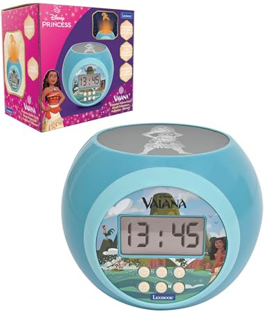 Lexibook, Disney Vaiana, Réveil-projecteur avec Fonction Alarme et répétition Snooze, veilleuse avec minuterie, écran LCD, à Piles, Bleu, RL977VNLXB