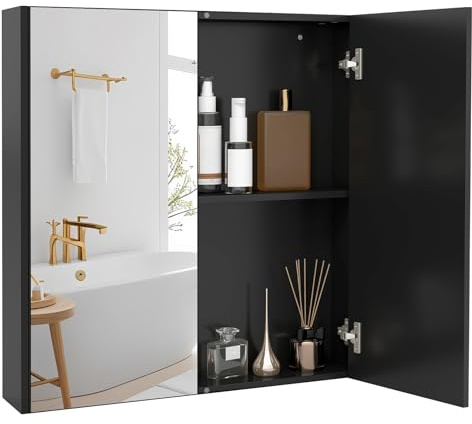 LIFEZEAL Armario con Espejo de Baño, Armario de Pared con 2 Puertas y 2 Estantes, Mueble de Inodoro Colgante, 62 x 11,3 x 65 cm, para Cuarto de Baño y Dormitorio (Negro)