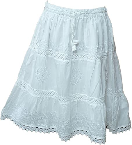 Doorwaytofashion Cotton Summer Skirt Midi Boho Hippie Crochet Lace Tiered One Size 10 12 14 16 18 (White)
