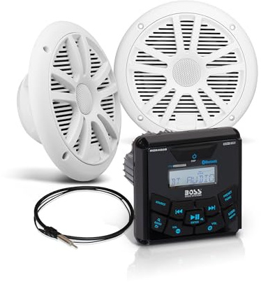 BOSS Audio Systems MCKGB450W.6 Weatherproof Marine Gauge Receiver and Speaker Package - IPX6 Receiver, 6.5 Inch Speakers, Bluetooth Audio, USB MP3, AM FM, NOAA Weather Band Tuner, No CD Player