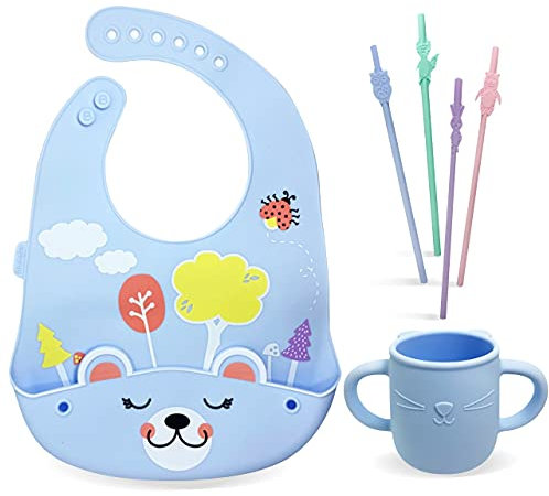 Brunoko Baby kopp + Baby silikon sugrör + Haklapp 3 IN 1 Set - Kopp barn silikon + Sugrör hårdplast + Haklapp silikon - Baby kopper set BPA-fri - Säker i diskmaskin/mikrovågsugn -Designad i Spanien