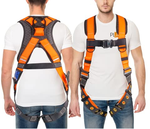 ATERET Fall Protection Full Body 5pt Safety Harness, Aluminum Dorsal D-ring, Quick-Connect Buckle, Grommet Legs, Sewn in Back Pad I OSHA ANSI Compliant Personal Equipment (Orange - Universal)
