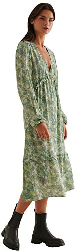 NA-KD Damen Midi-Rüschenkleid mit Ballonärmeln Lässiges Kleid, Grün/Blumen, 40