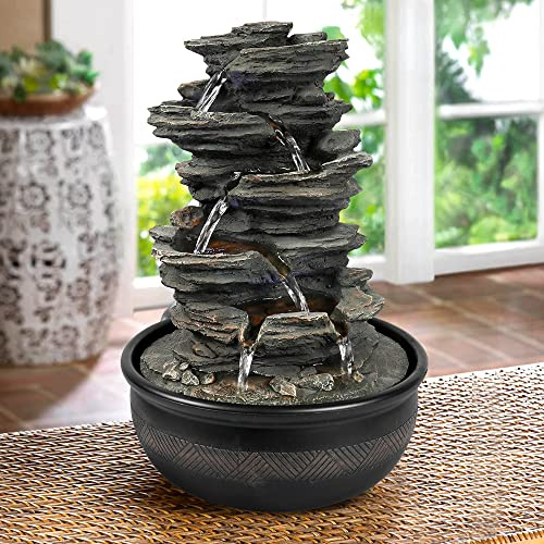 xpiyaer 15.7” High Rock Falls Tabletop Water Fountain with LED Lights - 5-Tier Indoor Relaxation Waterfall Fountain, Small Cascading Water Feature for Home and Office Decor Gray-1