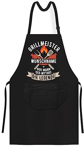 OM3® valfritt namn + BBQ grillförkläden – förkläden – personligt förkläde – köksförkläde för vuxna unisex, Svart (7), One size