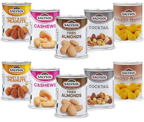 SALYSOL Snacks Nuts Bundle Variety 10-Pack 50g - Fried Almonds, Cashews, Roasted Peanuts, Spicy Cocktail, Honey & Salt Peanuts - Thoughtful Gift Sets for Men and Women in Beautiful Gift Box