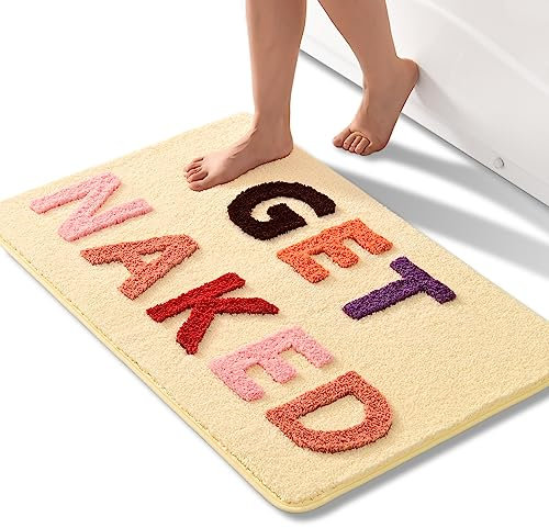 QJHOMO Get Naked Badematte, Beige, Badezimmermatten, 60 x 90 cm, rutschfeste Badematten für Badezimmer, bunte Buchstaben, weiche Mikrofaser, Badezimmermatte, maschinenwaschbarer Teppich